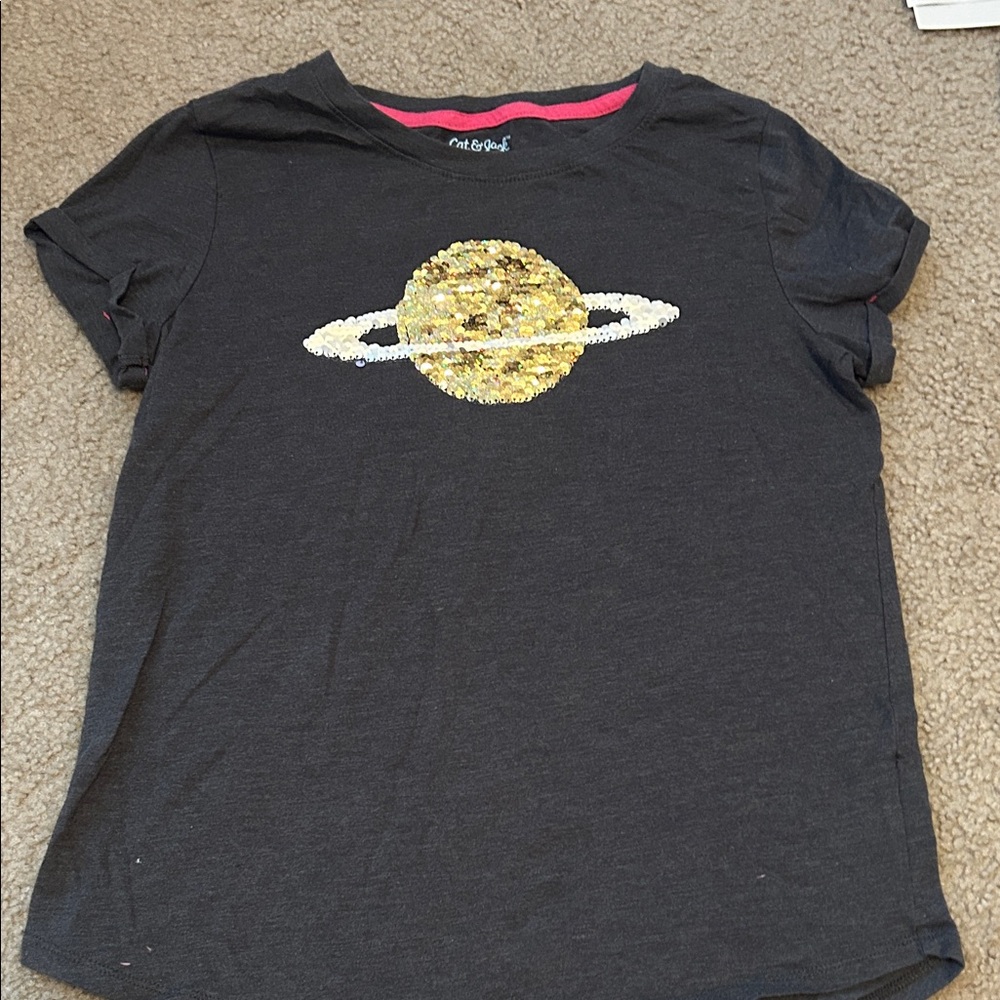 Cat & Jack Dark Gray T-Shirt with Gold Sequin Planet
